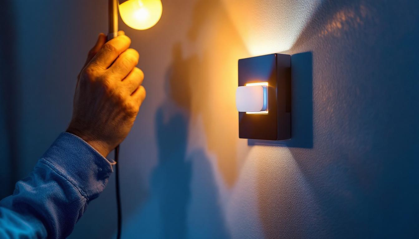 A photograph of a skilled lighting contractor installing a stylish wall dimmer switch in a modern home setting