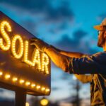 A photograph of a lighting contractor installing solar lights on a sign at dusk