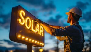 A photograph of a lighting contractor installing solar lights on a sign at dusk