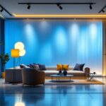 A photograph of a modern lighting installation showcasing innovative lighting drivers in a stylish interior space
