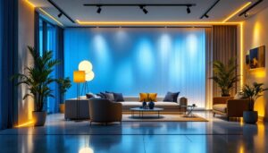 A photograph of a modern lighting installation showcasing innovative lighting drivers in a stylish interior space