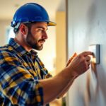 A photograph of capture a photograph of a lighting contractor installing an on-off timer switch in a residential setting