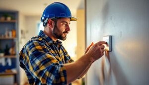 A photograph of capture a photograph of a lighting contractor installing an on-off timer switch in a residential setting