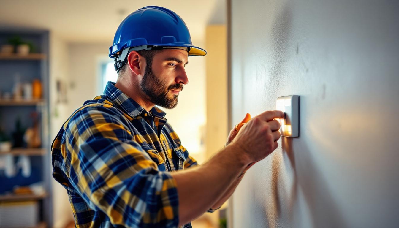 A photograph of capture a photograph of a lighting contractor installing an on-off timer switch in a residential setting