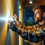 A photograph of a skilled lighting contractor installing led tape lighting in a modern interior space
