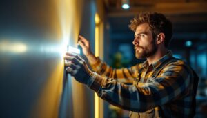 A photograph of a skilled lighting contractor installing led tape lighting in a modern interior space