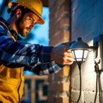 A photograph of a lighting contractor installing a solar-powered light with a switch in an outdoor setting