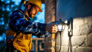 A photograph of a lighting contractor installing a solar-powered light with a switch in an outdoor setting