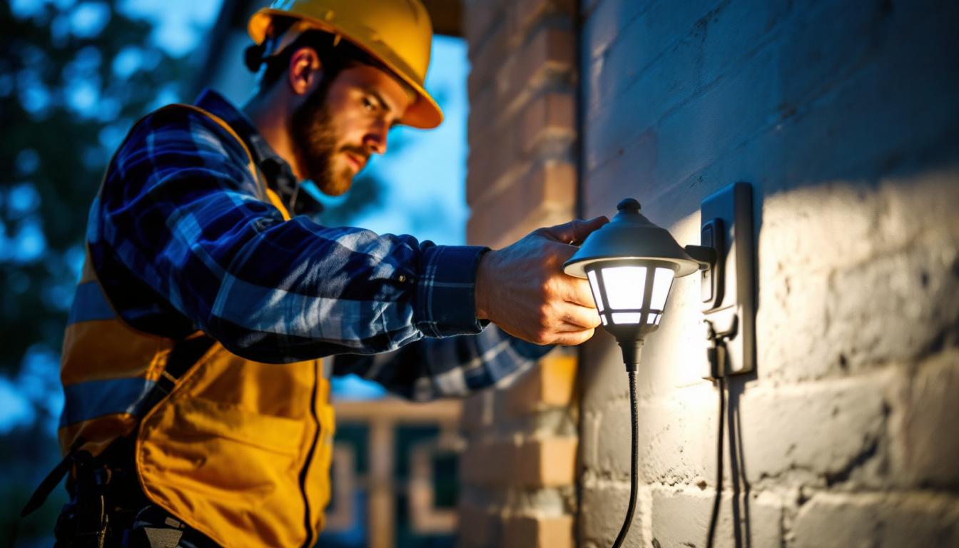 A photograph of a lighting contractor installing a solar-powered light with a switch in an outdoor setting