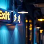A photograph of a well-lit installation featuring exit signs prominently displayed in a commercial or residential setting