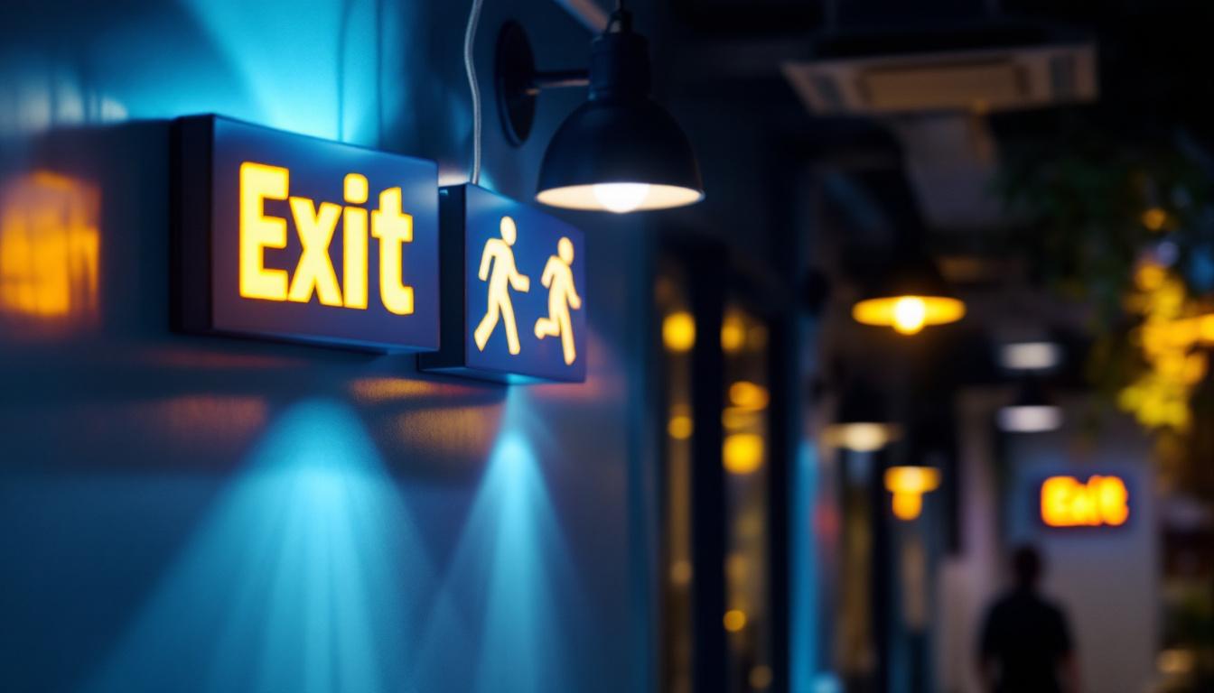 A photograph of a well-lit installation featuring exit signs prominently displayed in a commercial or residential setting