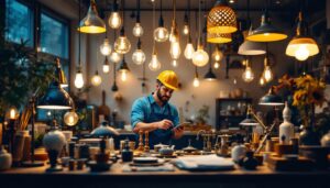 A photograph of a modern lighting contractor at work