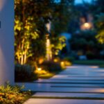 A photograph of a beautifully designed outdoor space featuring solar wall-mounted lights illuminating a pathway or garden area at dusk