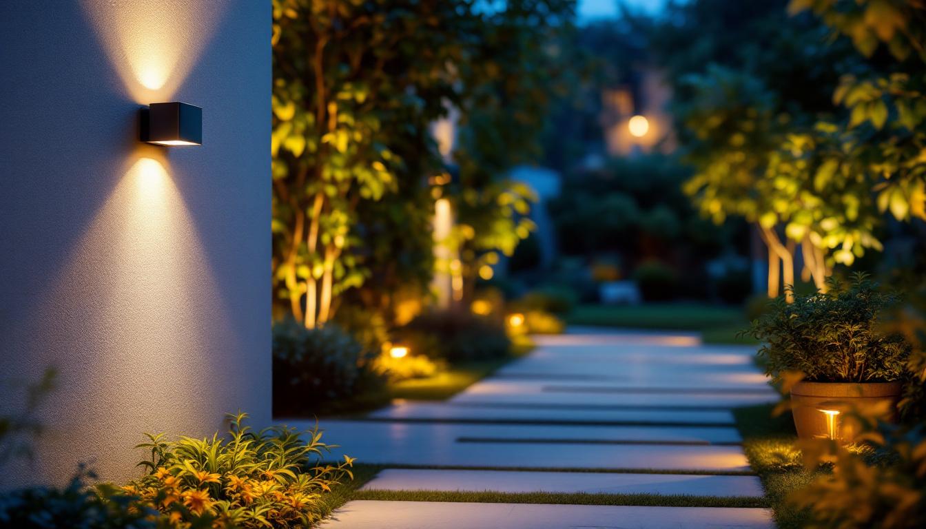 A photograph of a beautifully designed outdoor space featuring solar wall-mounted lights illuminating a pathway or garden area at dusk