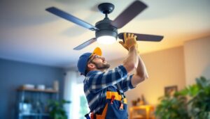 A photograph of a skilled lighting contractor expertly replacing a ceiling fan