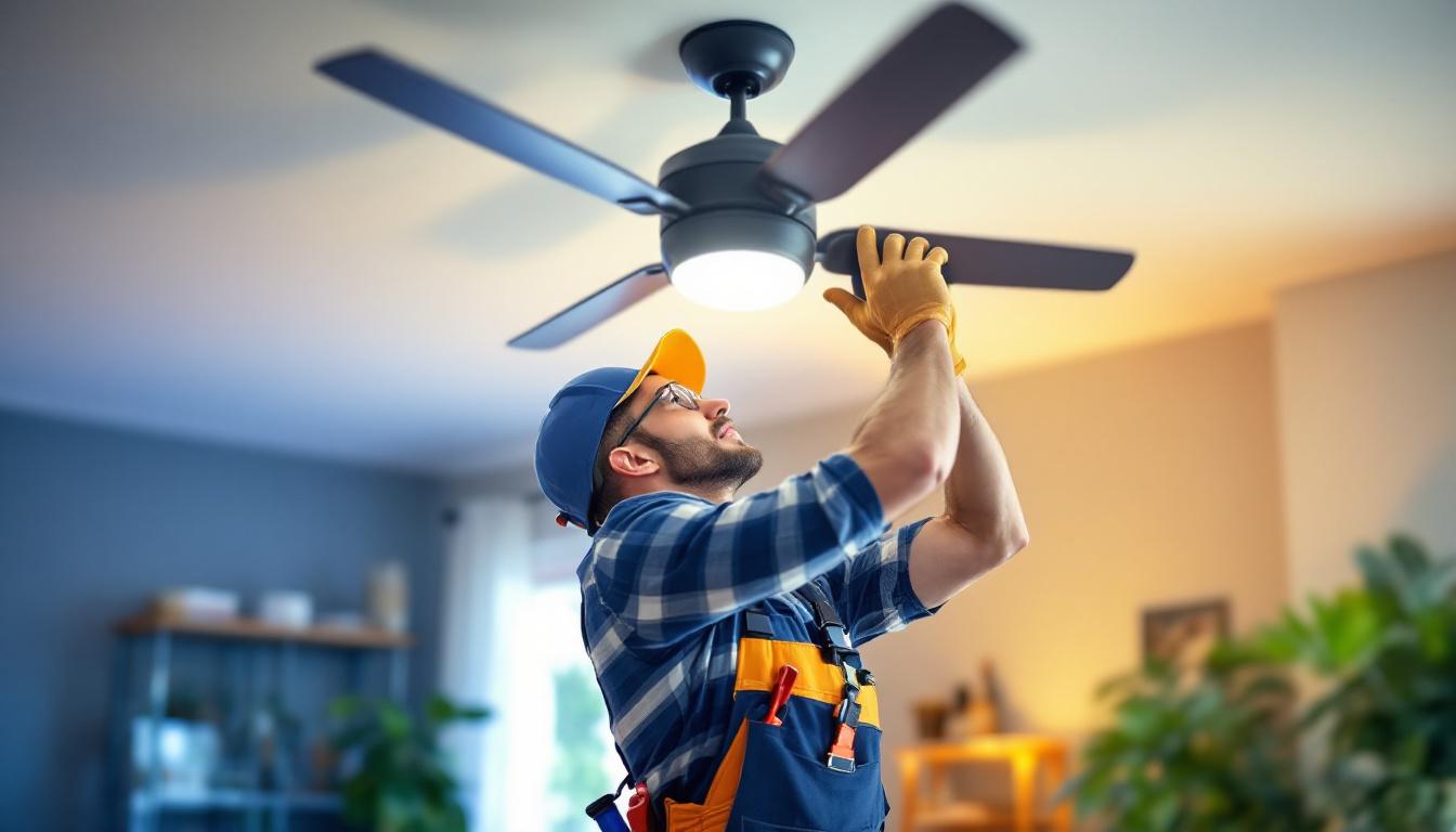 A photograph of a skilled lighting contractor expertly replacing a ceiling fan