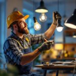 A photograph of a lighting contractor in action