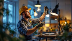 A photograph of a lighting contractor in action