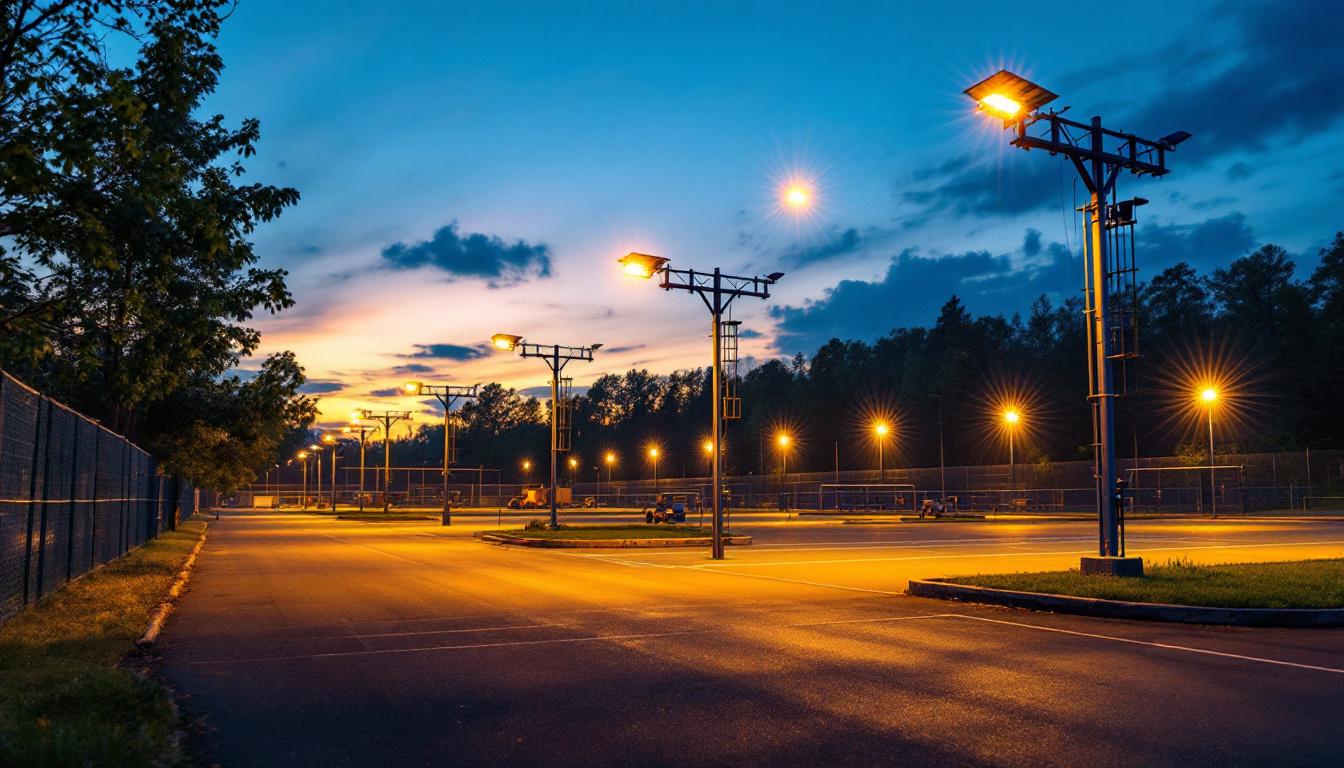 A photograph of a lighting contractor installing solar arena lights at a sports facility during dusk