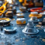 A photograph of a close-up of various recessed can light parts arranged aesthetically on a workbench