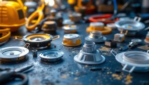 A photograph of a close-up of various recessed can light parts arranged aesthetically on a workbench