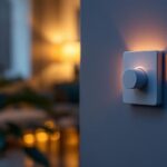 A photograph of a modern led dimmer switch with a remote control in a stylishly lit room