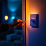 A photograph of a lighting contractor adjusting a stylish led dimmer switch in a modern home setting