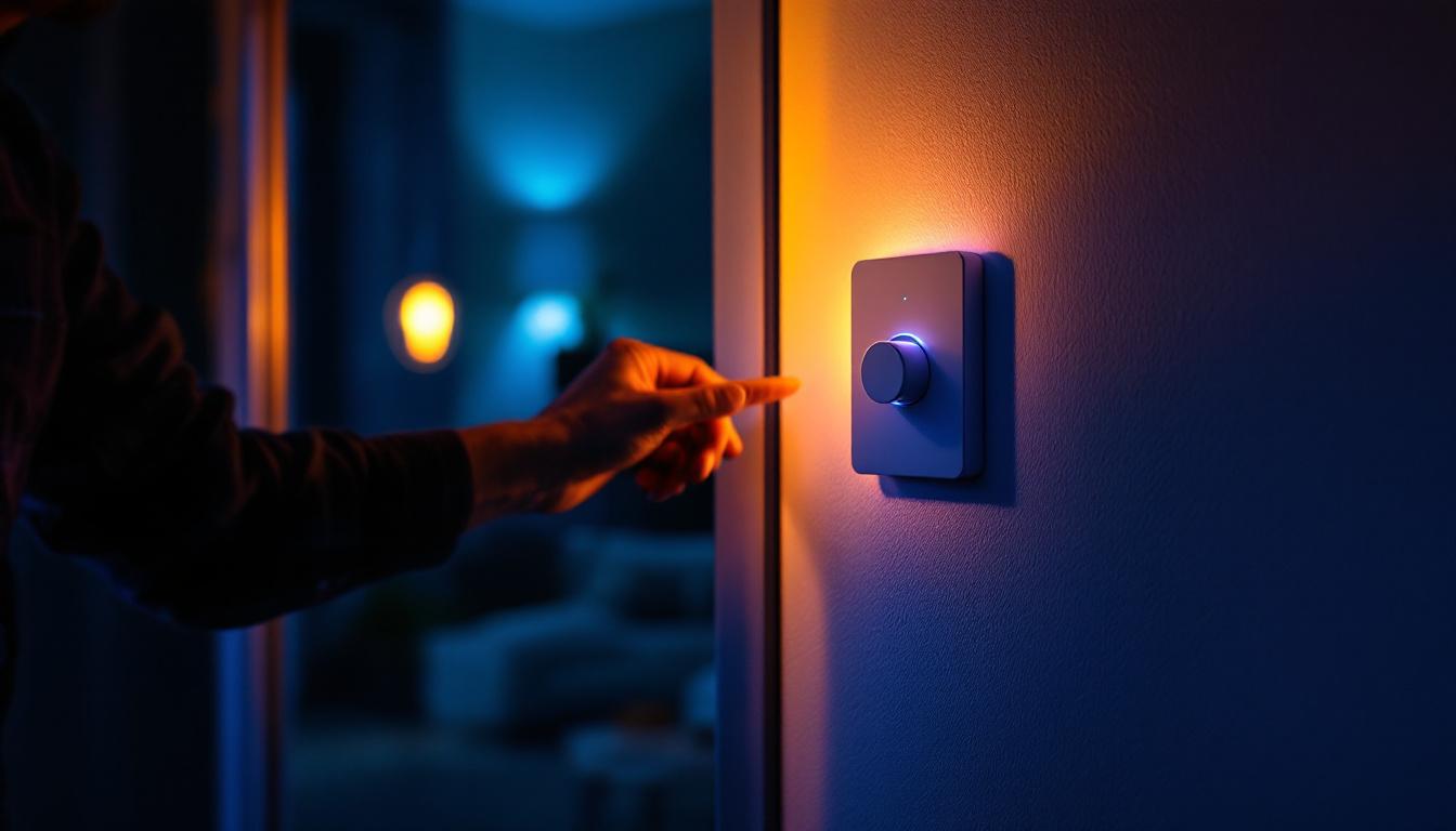 A photograph of a lighting contractor adjusting a stylish led dimmer switch in a modern home setting