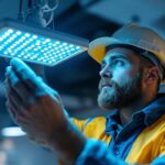 A photograph of a lighting contractor examining a uv sanitizing light fixture in a commercial setting