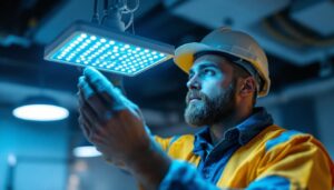 A photograph of a lighting contractor examining a uv sanitizing light fixture in a commercial setting