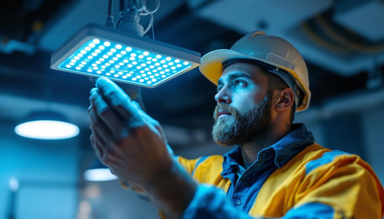 A photograph of a lighting contractor examining a uv sanitizing light fixture in a commercial setting