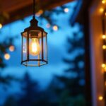 A photograph of a beautifully designed exterior hanging light fixture illuminating a cozy outdoor space
