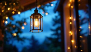 A photograph of a beautifully designed exterior hanging light fixture illuminating a cozy outdoor space