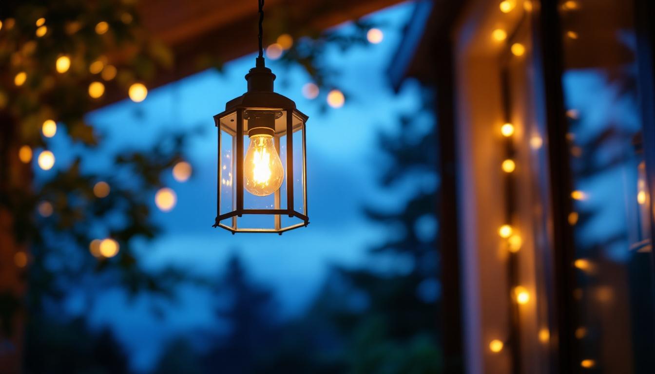 A photograph of a beautifully designed exterior hanging light fixture illuminating a cozy outdoor space