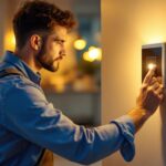 A photograph of a skilled lighting contractor installing a modern push switch light in a stylish residential setting