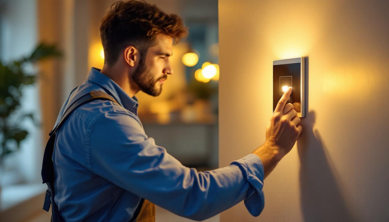 A photograph of a skilled lighting contractor installing a modern push switch light in a stylish residential setting