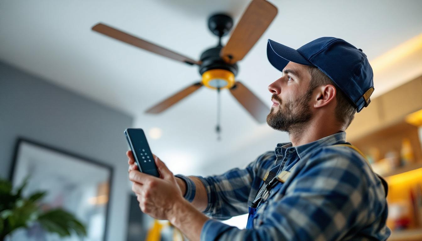 A photograph of a skilled lighting contractor installing a ceiling fan remote switch in a modern home setting