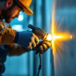 A photograph of a lighting contractor at work