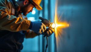 A photograph of a lighting contractor at work