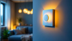 A photograph of a lighting contractor installing a dimmer switch for led bulbs in a modern home setting
