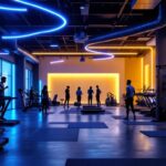 A photograph of a modern gym interior showcasing dynamic lighting designs