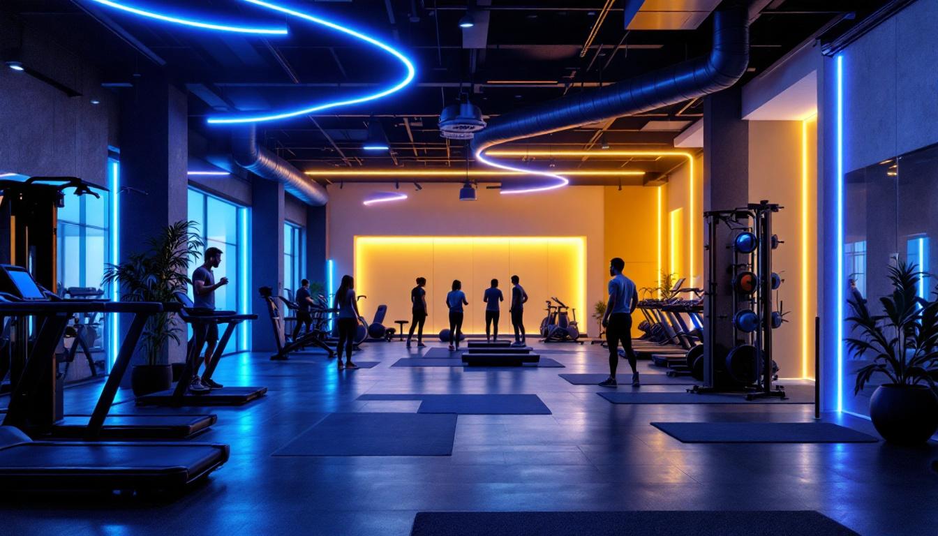 A photograph of a modern gym interior showcasing dynamic lighting designs
