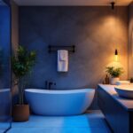 A photograph of a beautifully designed bathroom featuring a variety of stylish lighting fixtures