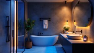 A photograph of a beautifully designed bathroom featuring a variety of stylish lighting fixtures