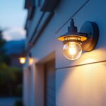 A photograph of a stylishly designed outdoor light fixture mounted on a garage