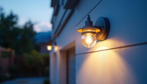 A photograph of a stylishly designed outdoor light fixture mounted on a garage