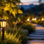 A photograph of a beautifully illuminated outdoor solar path light in a landscaped garden setting during twilight