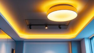 A photograph of a well-designed drop ceiling installation that showcases stylish lighting fixtures and innovative design elements
