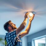 A photograph of a lighting contractor installing or inspecting 3-inch led recessed lights in a modern ceiling