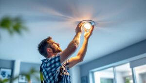 A photograph of a lighting contractor installing or inspecting 3-inch led recessed lights in a modern ceiling